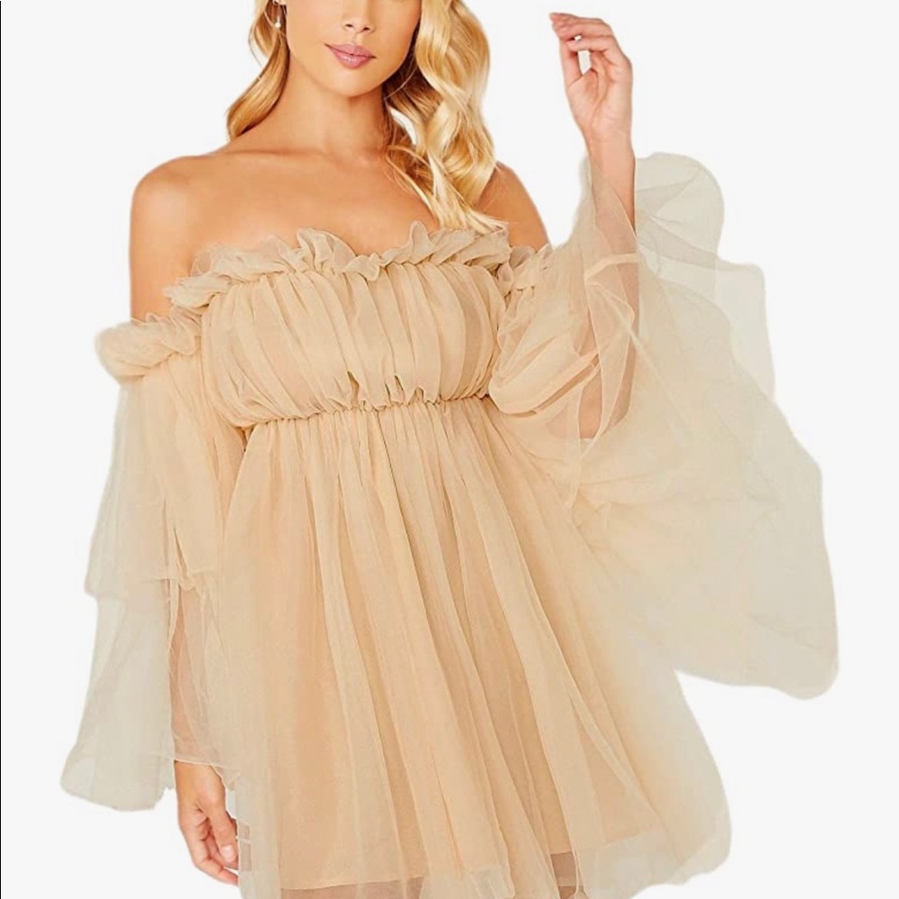 Off Shoulder Flounce Long Sleeve Ruffle Mesh Party Mini Dress
